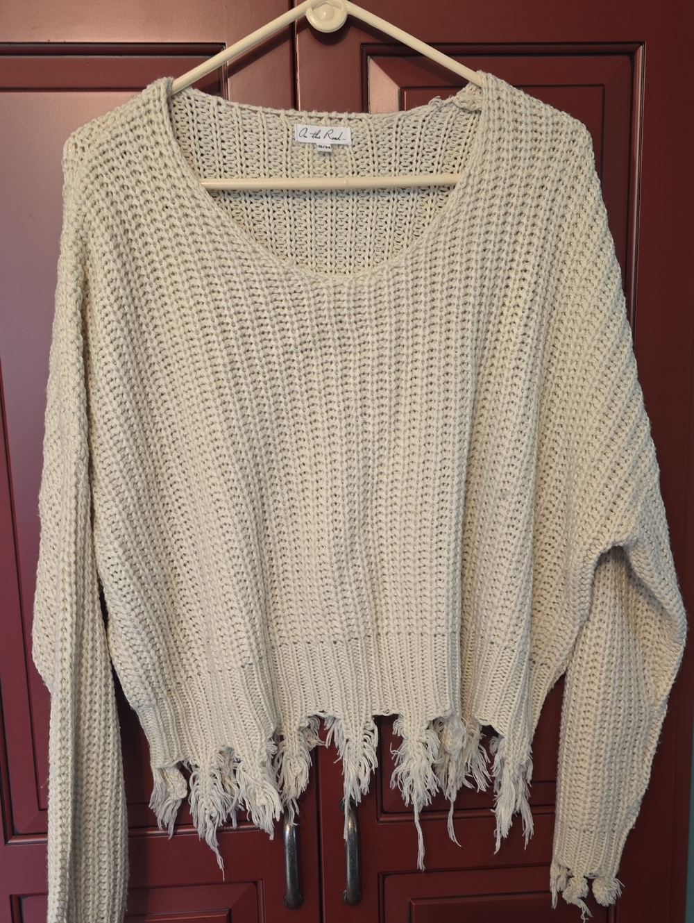 On The Road Cream Cropped Distressed Scoop Neck Sweater